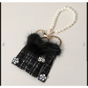 Purple Fuzzy Neck Flower Cuff Tweed Jacket Pearl Chain Bag Charm / Keychain